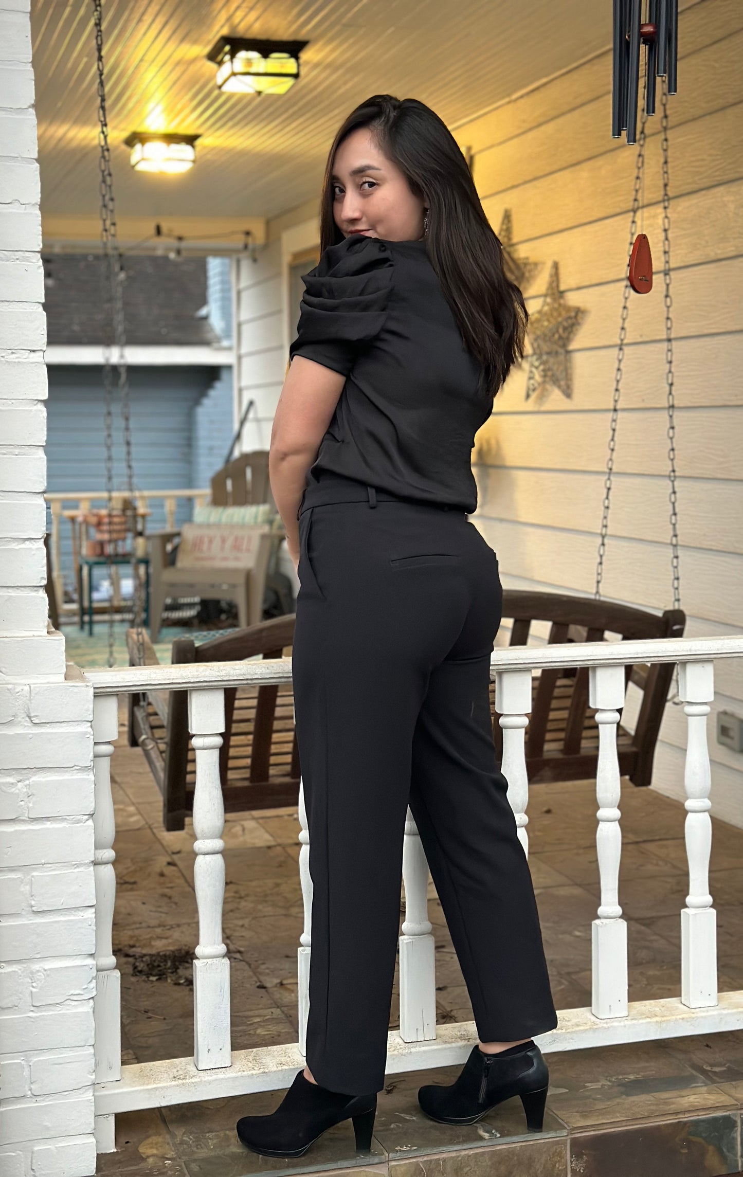 Black Short Sleeve Draped Blouse