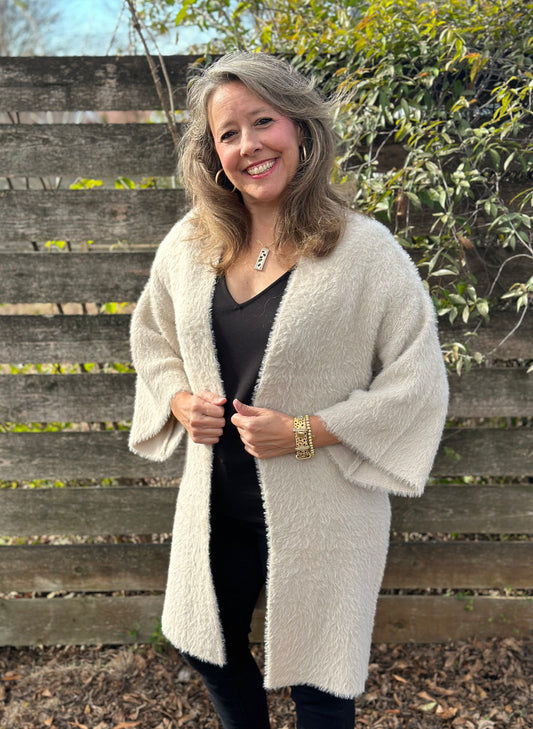 Beige Luxe Winter Faux Mohair Knit Cardigan