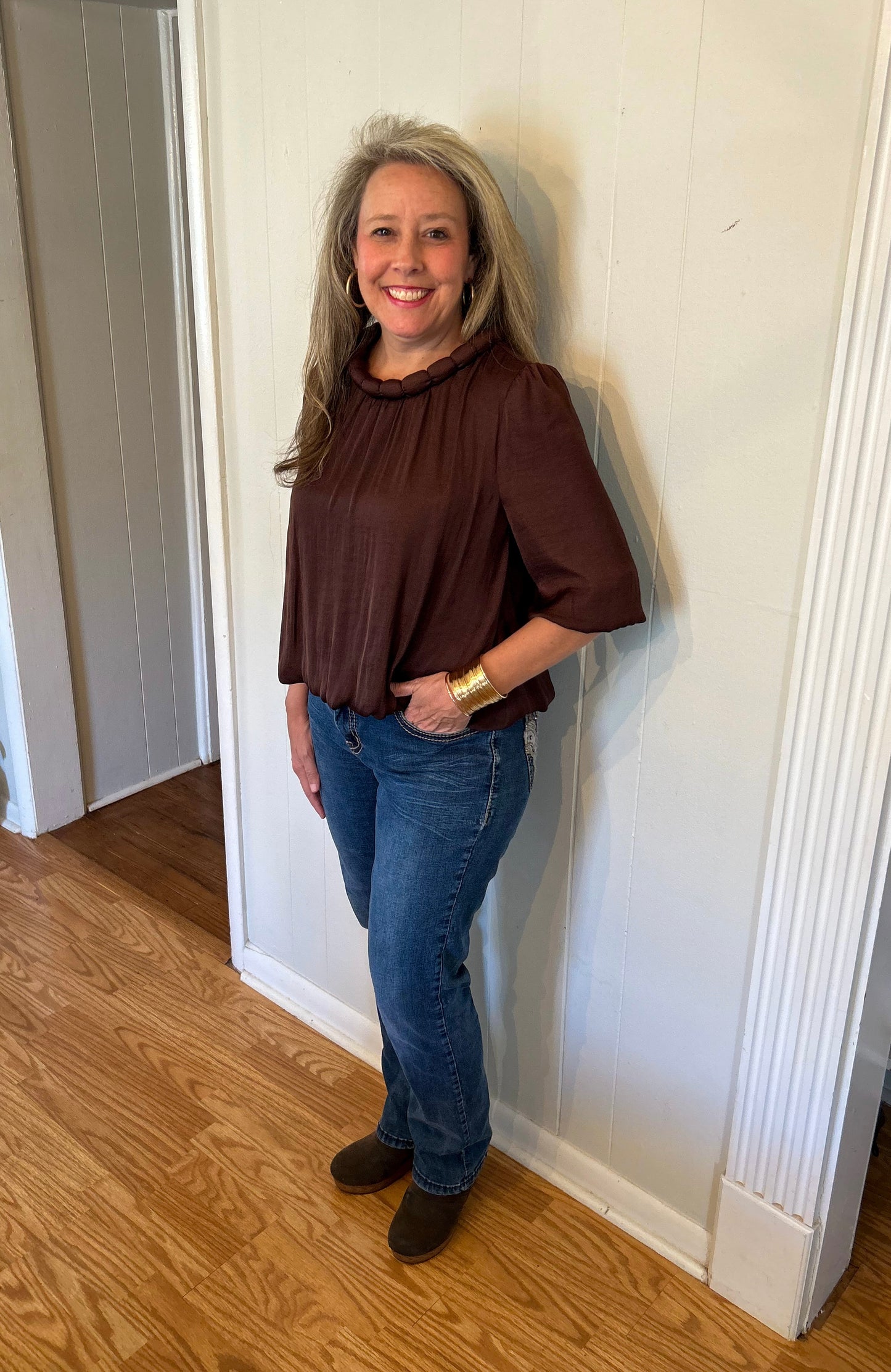 Round Neckline Accent Billowy Blouse