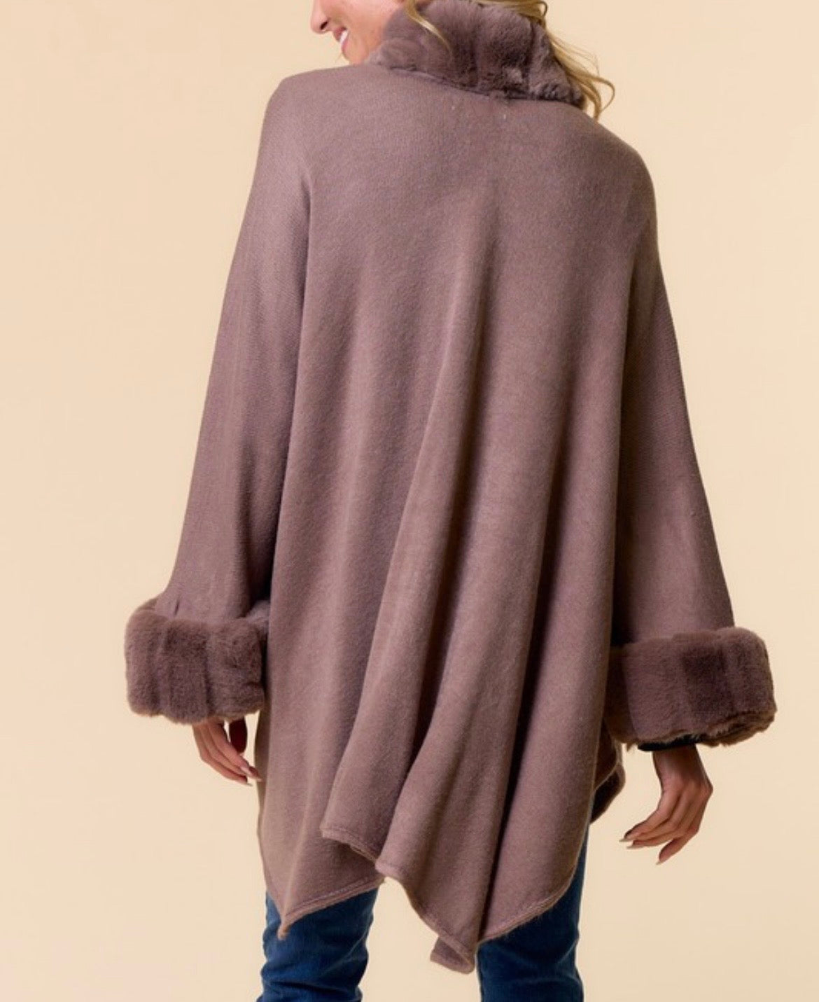 Mocha Plush Faux Fur Trim Cape Coat