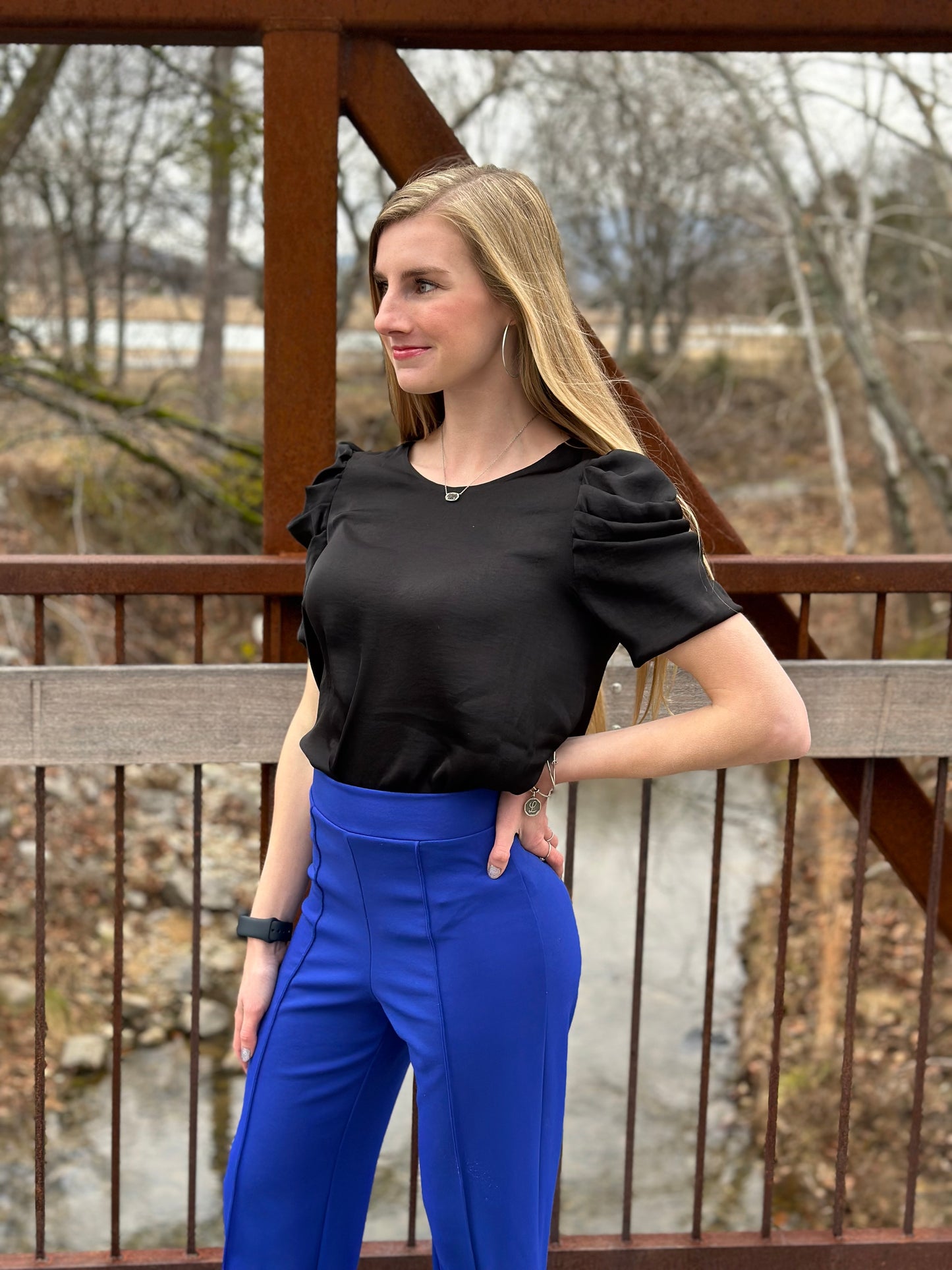 Black Short Sleeve Draped Blouse