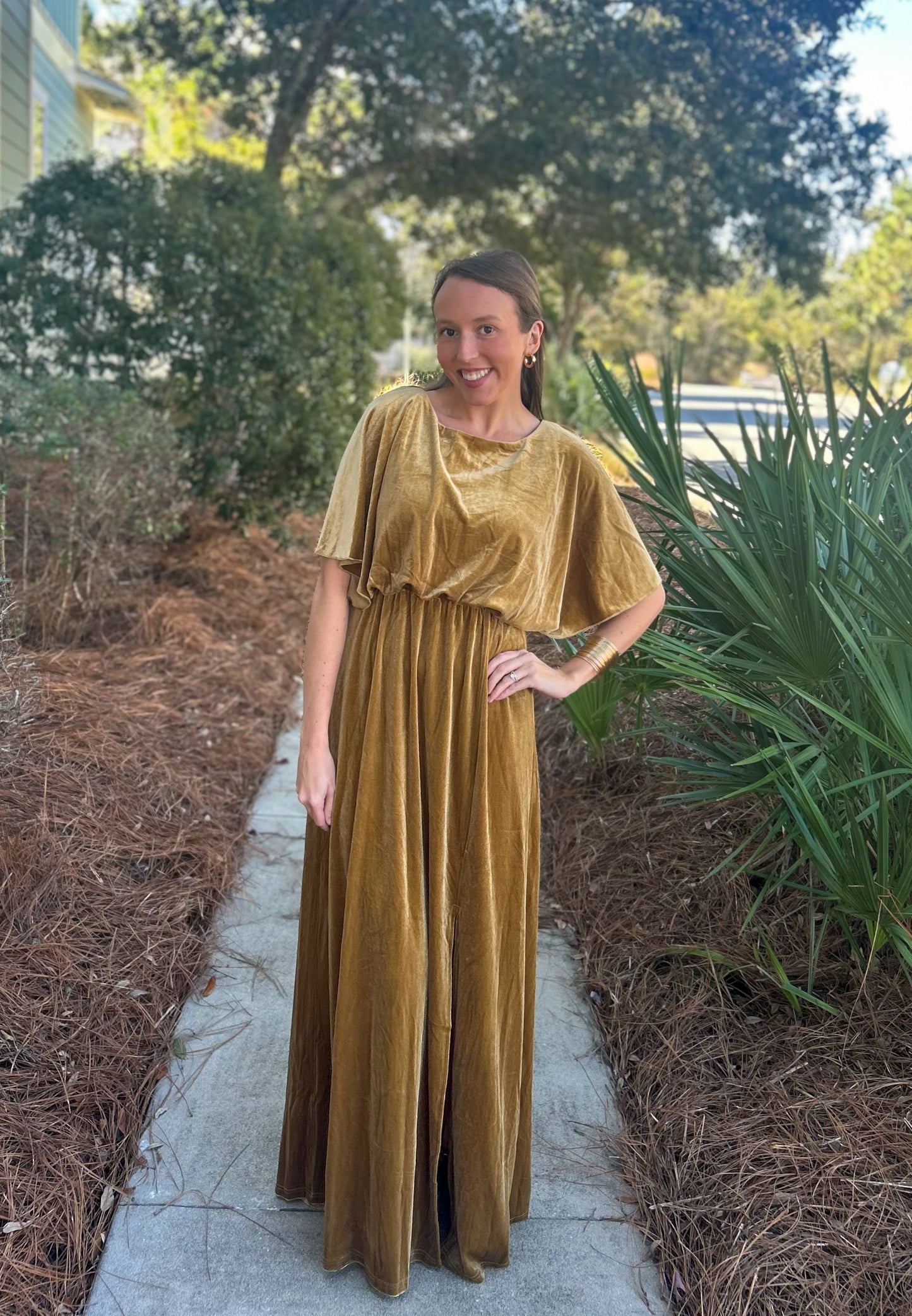 Cape Style Velvet Maxi Dress-Gold