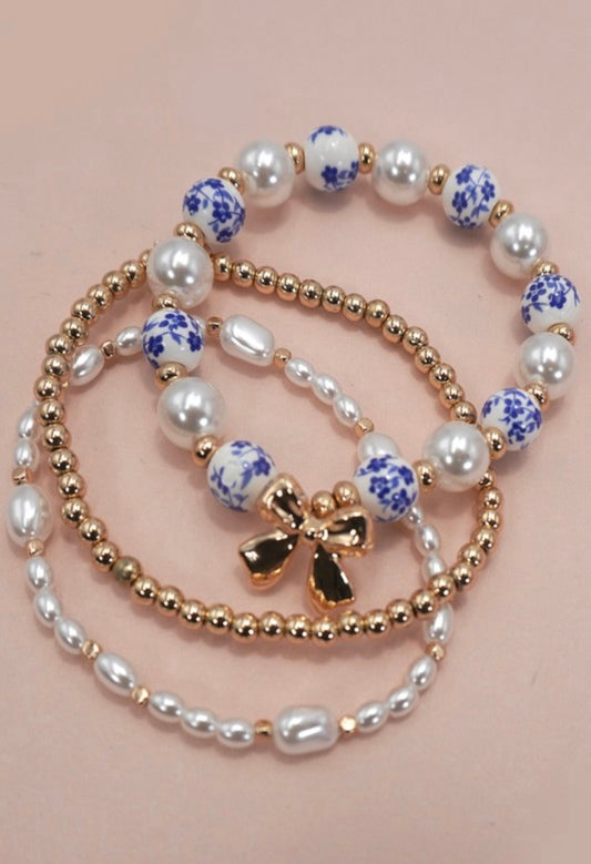 Blue Ceramic Porcelain Bow Multi Layer Bracelet