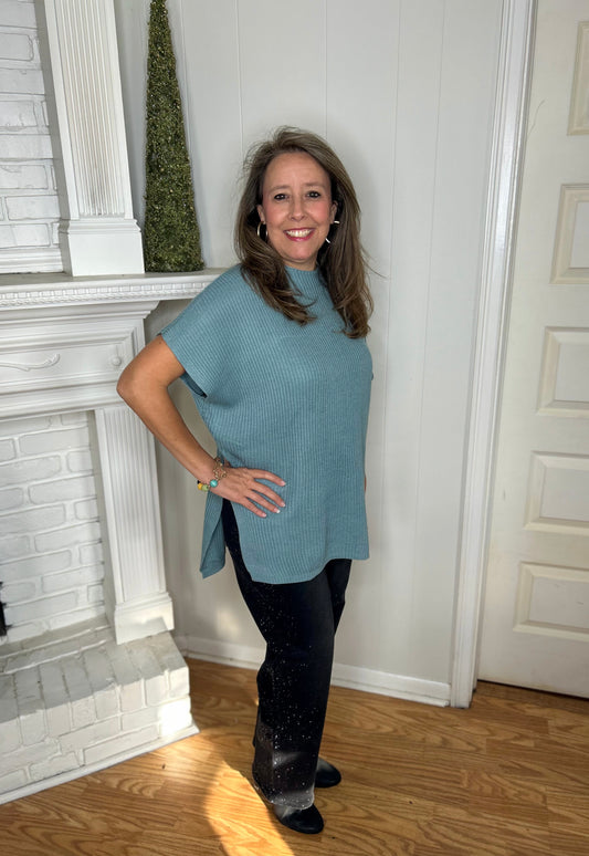 Short Sleeve Oversized Sweater w/ Side Slit-Haze Blue