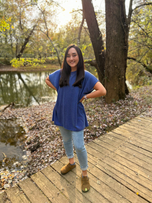 Royal Blue Short Sleeve Tunic With Side Slit