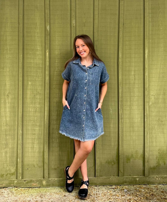Frayed Hem Denim Shirt Dress