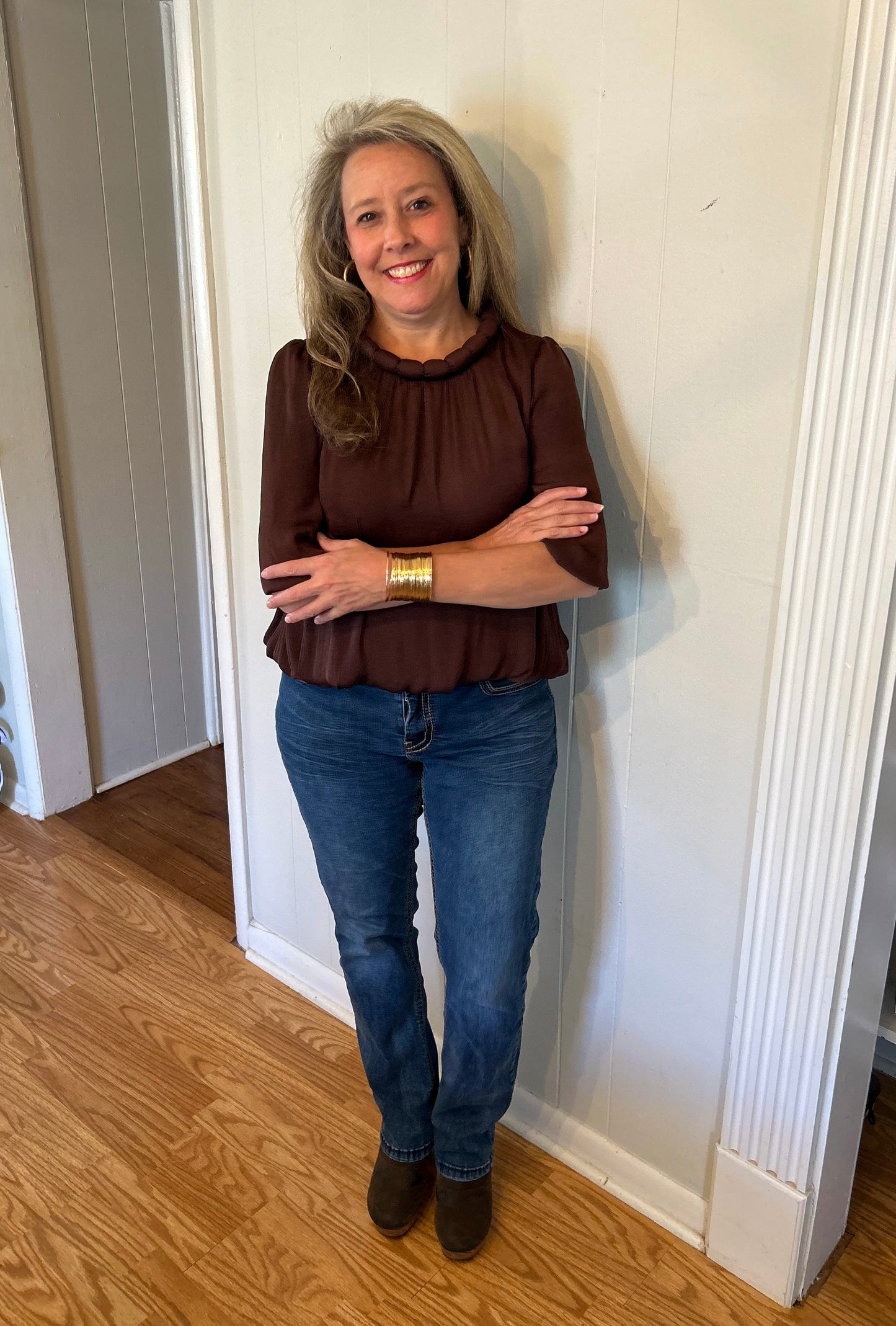 Round Neckline Accent Billowy Blouse