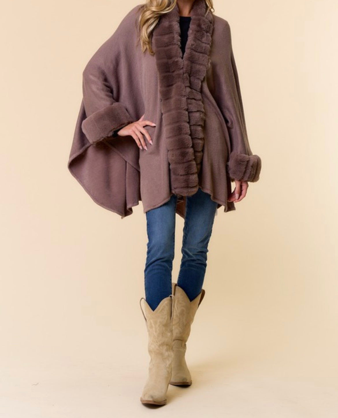 Mocha Plush Faux Fur Trim Cape Coat