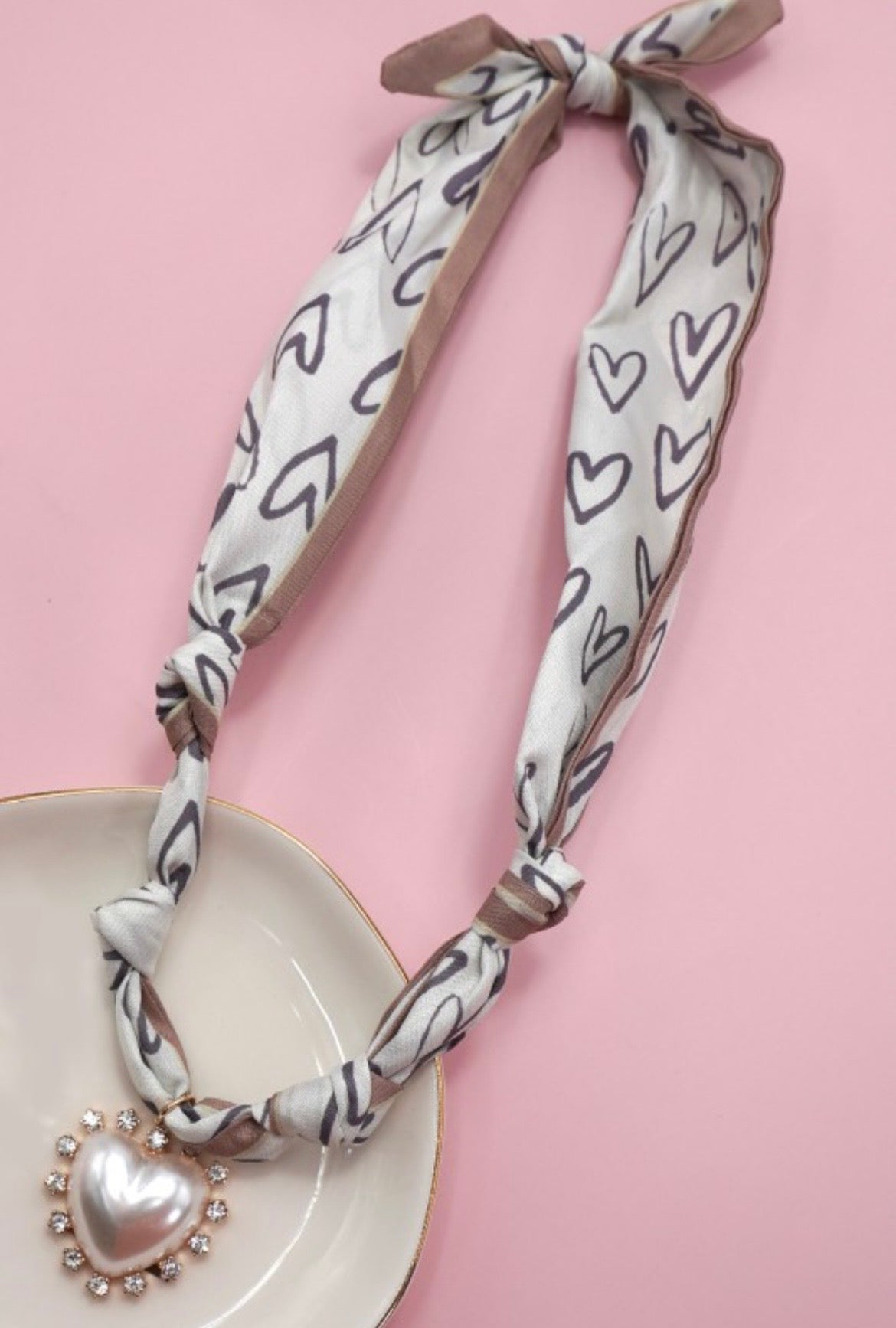 Heart Print Scarf Necklace with Heart Charm