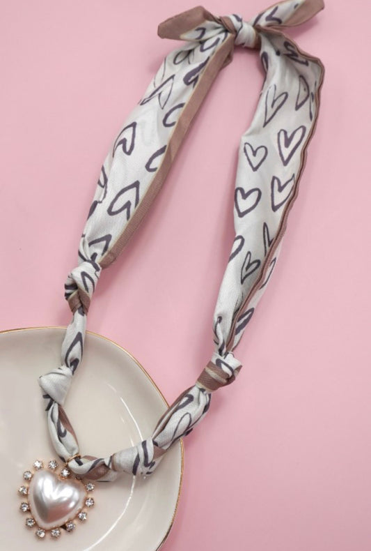 Heart Print Scarf Necklace with Heart Charm