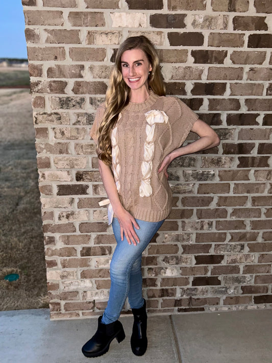 Taupe Cable Knit Bowknot Sweater